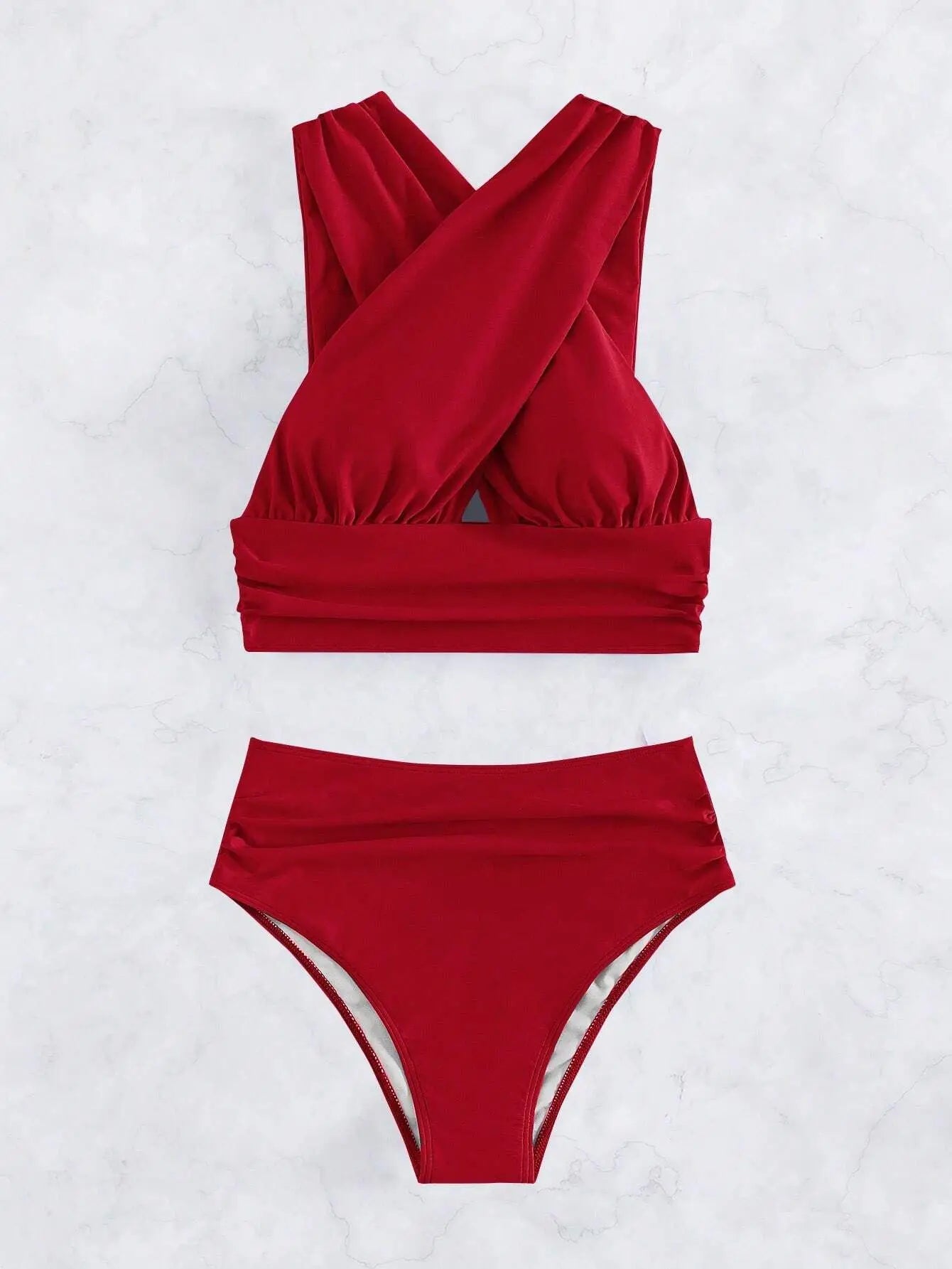 Bikini de Cintura Alta con Pliegues Cruzados - Traje de Dos Piezas