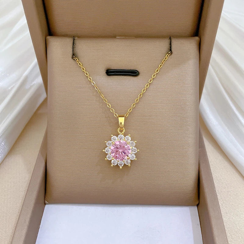 Collar Flor Circón Rosa ∣ Cadena Acero Inoxidable ∣ Lujo Simple Femenino