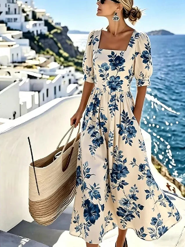 Vestido Corto Estampado Cuello Cuadrado con Bolsillos