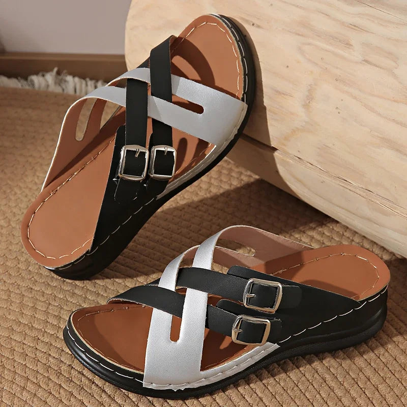 Zapatillas de Cuña con Tiras Cruzadas | Colores Combinados | Suela Suave Antideslizante | Talla 43