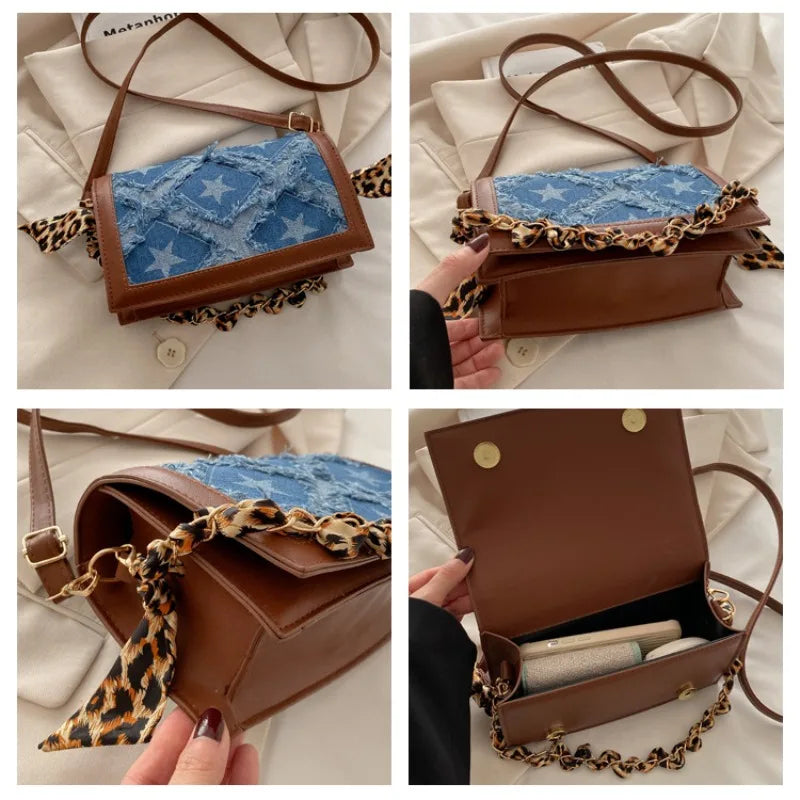 Bolso Hombro Vaquero Mujer Retro Estrellas Cinta Leopardo