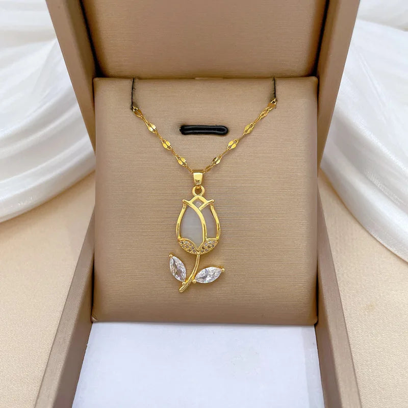 Collar Tulipán Circón ∣ Acero Inoxidable TRENDY ∣ Joyería Vintage Femenina