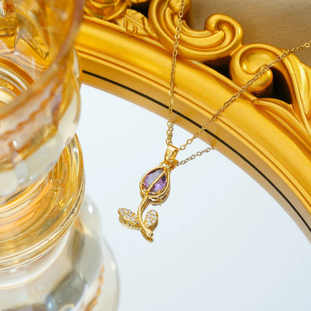 Collares con colgante de tulipán de circón colorido para mujeres y niñas, cadena de acero inoxidable, accesorios de joyería románticos de moda, regalos