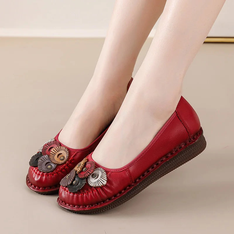 Mocasines Étnicos de Cuero Genuino para Mamá | Punta Redonda | Antideslizantes | Verano 2025