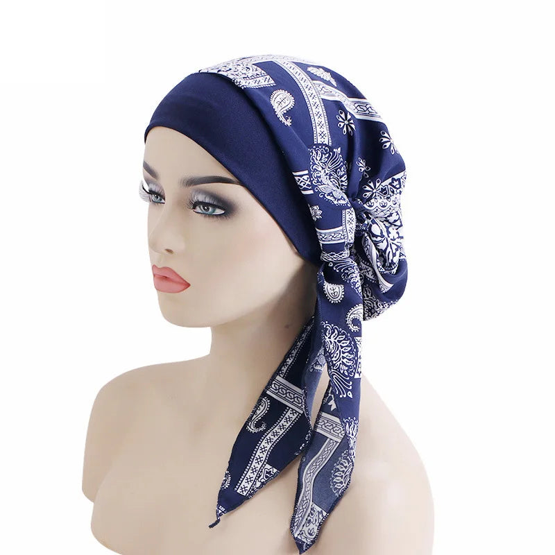 Nuevo pañuelo para la cabeza con estampado satinado para mujer, turbante musulmán elástico preatado, gorro para dormir para quimioterapia, cubierta para la pérdida de cabello, pañuelo para la cabeza