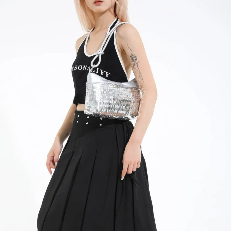 Bolsos de hombro informales con retales de lentejuelas para mujer, bolsos sencillos y versátiles para ir al trabajo, Color sólido, bolso para axila para chica
