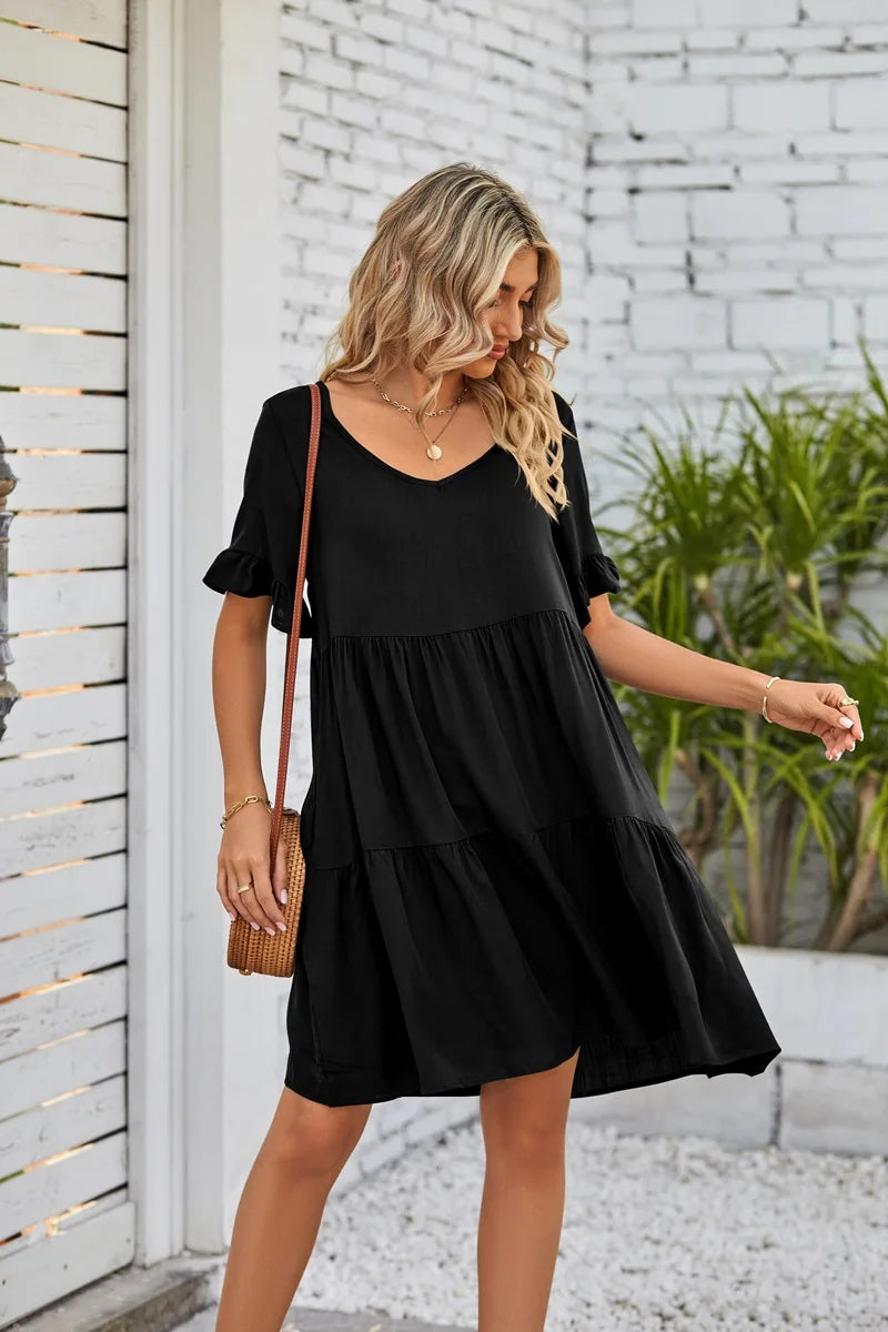 Vestido Midi de Playa | Algodón Liso Cuello V | Mangas Cortas con Volantes | Tico Trendy