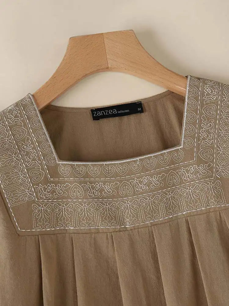 Blusa Vintage Bordada Algodón Cuello Cuadrado Manga Media Mujer