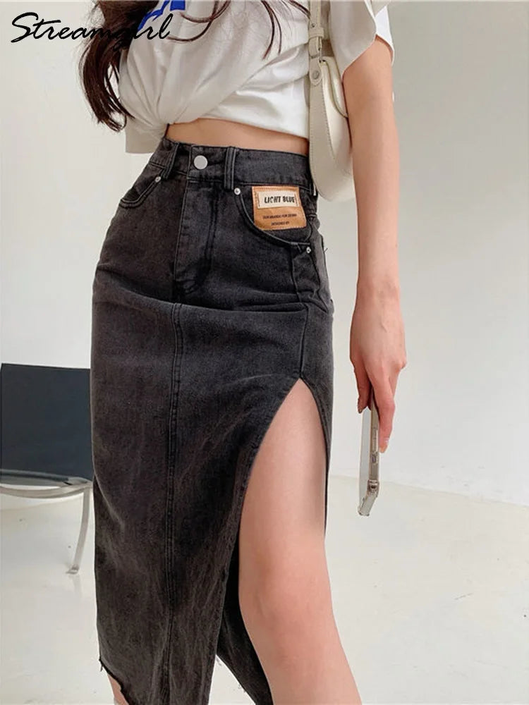 Maxi Falda Vaquera Vintage | Abertura Lateral | Estilo Coreano