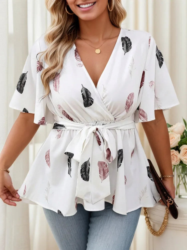 Blusa Estampado de Hojas | Manga Corta | Talla Grande | Tico Trendy
