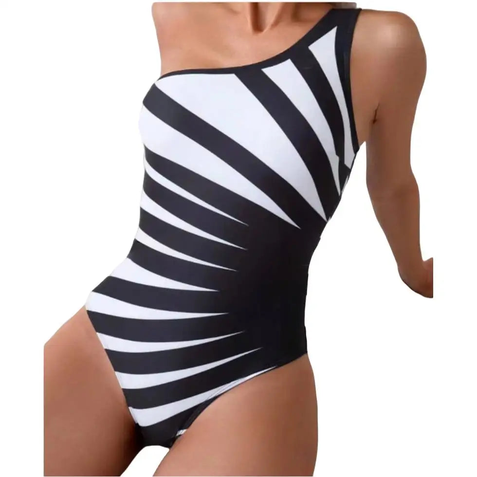 Traje de Baño Enterizo Un Hombro | Rayas Colorblock | Plisado Elegante