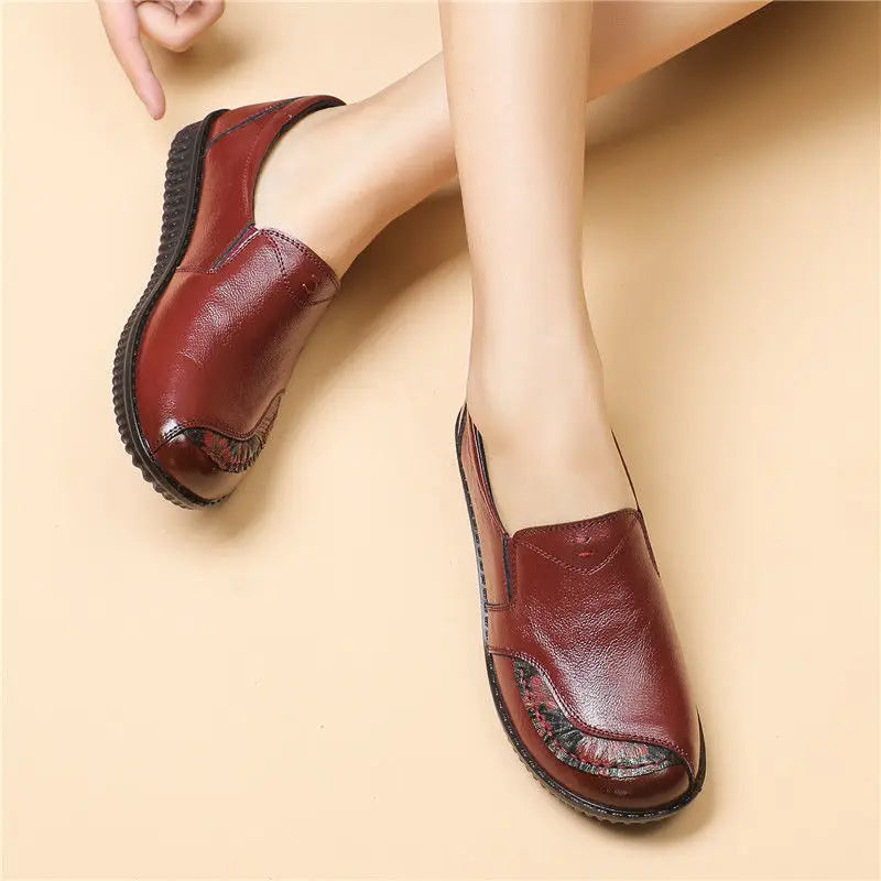 Mocasines de Cuero Genuino con Estampado Floral | Suela Blanda | Punta Ancha | Estilo Retro
