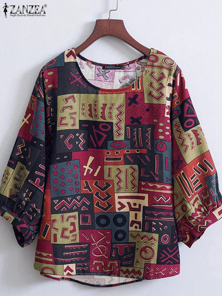 Blusa Retro para Mujer | Estampado Vintage | Túnica Holgada de Algodón | Ticotrendy