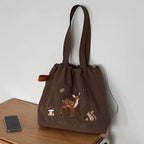 Bolsos de hombro de nailon con bordado de dibujos animados para mujer, bolso informal de gran capacidad para estudiantes, bolsos sencillos con cordón para mujer