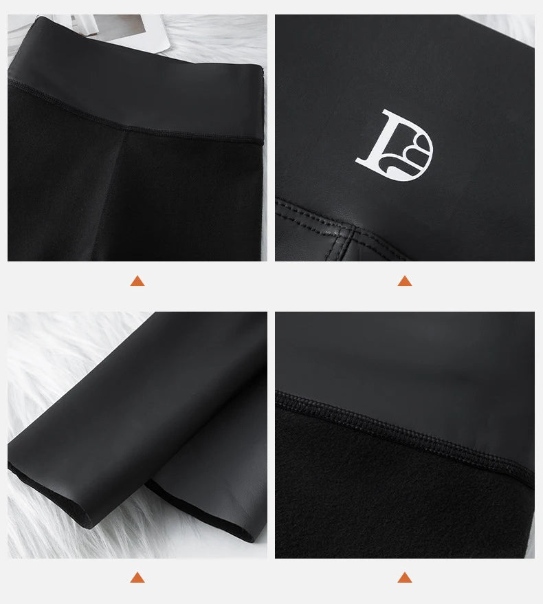 Leggings PU Cuero Invierno | Lana Fina Sexy Ajustado | Cintura Alta Elástico Cálido