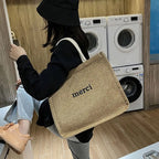 Bolso de Hombro de Lona Grande con Estampado de Letras y Diseño Novedoso