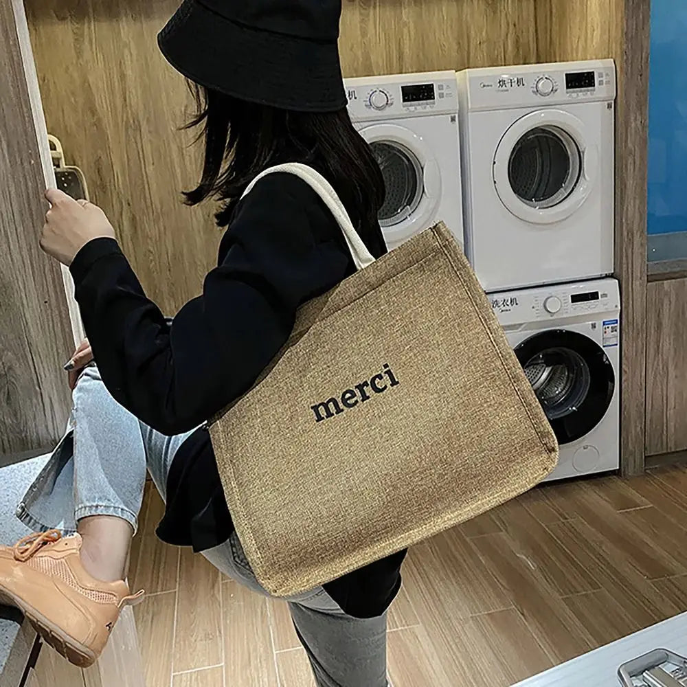 Bolso de Hombro de Lona Grande con Estampado de Letras y Diseño Novedoso