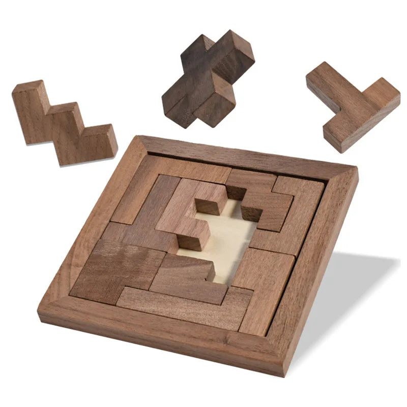 Rompecabezas de bloques rusos de nogal, rompecabezas de madera 3D Tangram IQ, entrenamiento lógico, rompecabezas, juguetes educativos Montessori, juegos de aprendizaje
