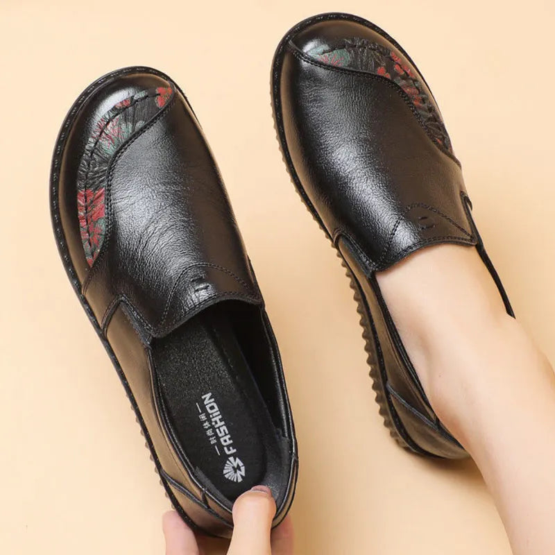 Mocasines de Cuero Genuino con Estampado Floral | Suela Blanda | Punta Ancha | Estilo Retro