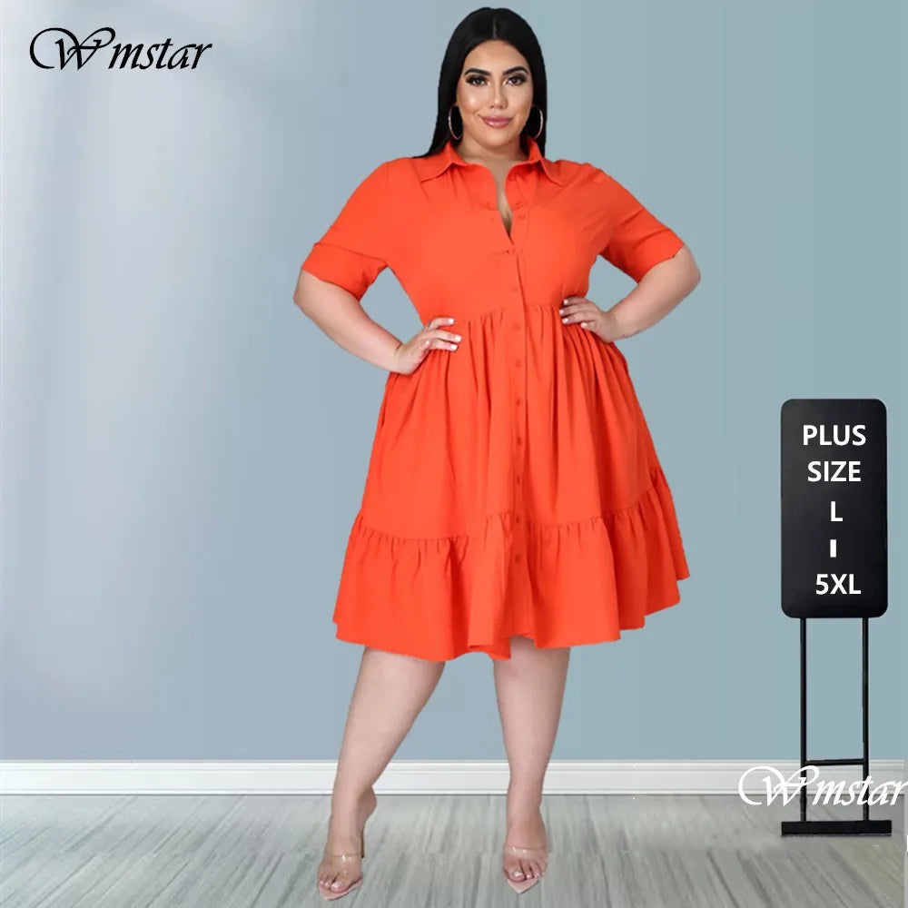 Vestidos de talla grande para mujer, ropa informal con botones sólidos, cuello vuelto, hasta la rodilla, camisa con volantes, novedad de verano, venta al por mayor, envío directo