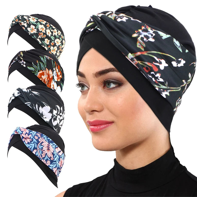 Nuevo turbante con estampado Floral y nudo torcido para mujer musulmana, Hijab, gorro para quimio, gorro elástico indio para mujer, pañuelo para la cabeza, gorro para la pérdida de cabello