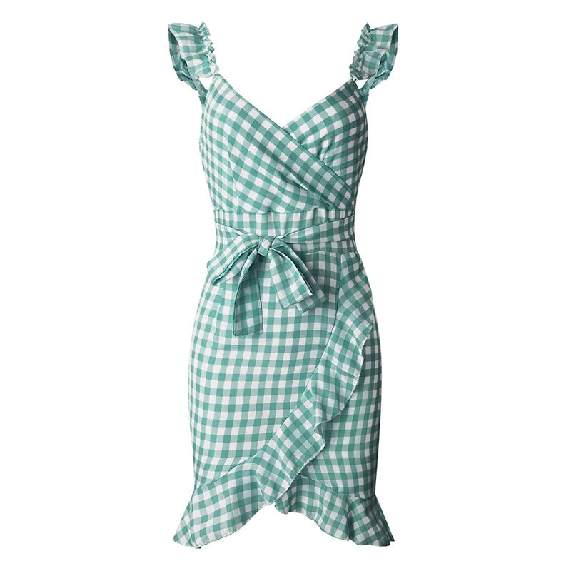 Vestido ajustado a cuadros personalizable con cordones para mujer, vestido de verano con volantes y hombros descubiertos, cuello en V, Espalda descubierta, vestidos irregulares con pajarita