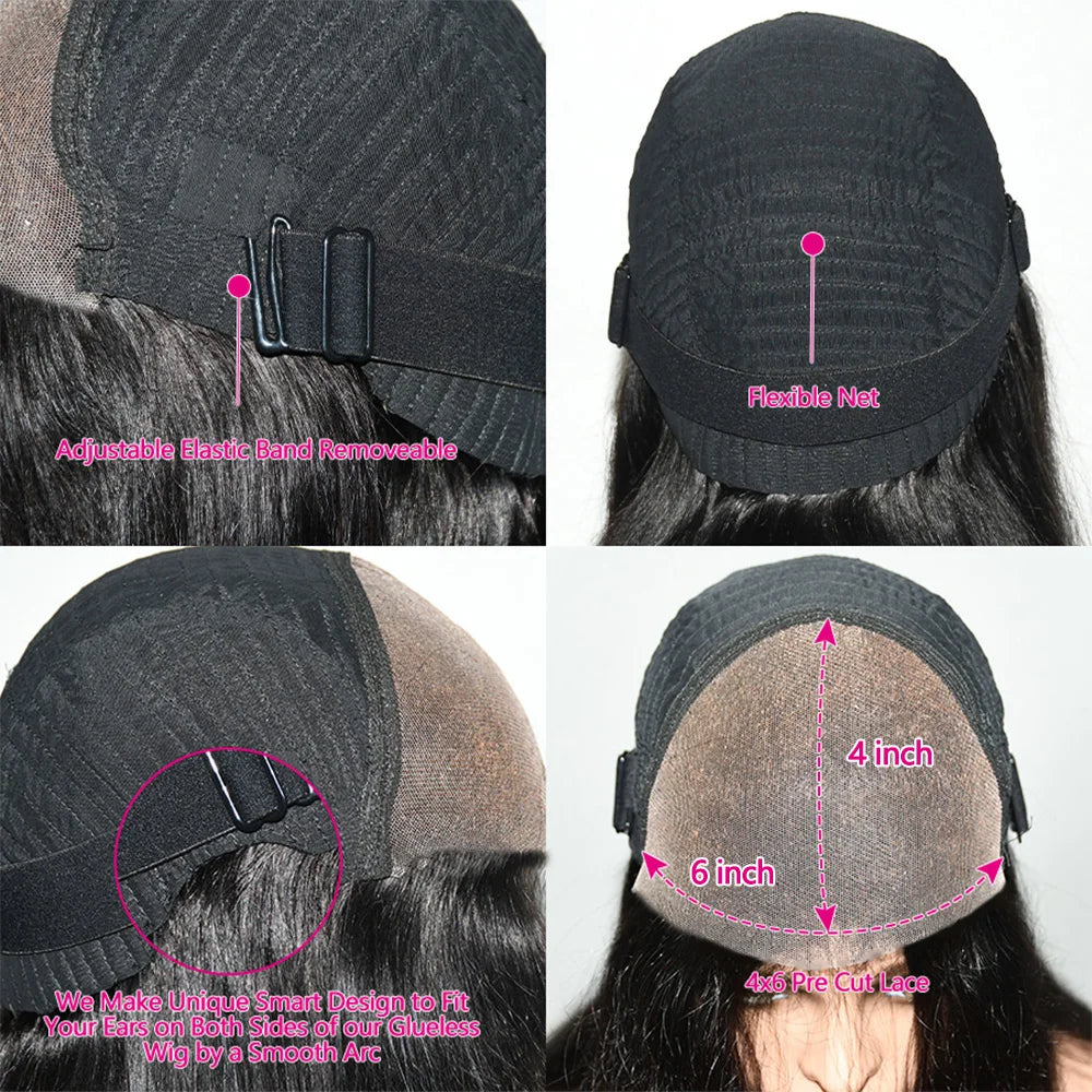 Peluca sin pegamento de onda de agua, cabello humano listo para usar, cabello humano rizado profundo, cierre de encaje, peluca brasileña, 6x4