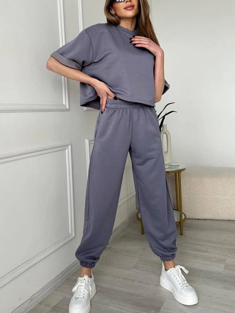 Conjunto 2 Piezas Algodón Oversize | Top y Pantalón Casual | Gris/Blanco | Verano 2025 | Ticotrendy