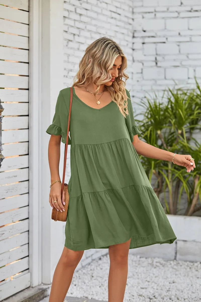 Vestido Midi de Playa | Algodón Liso Cuello V | Mangas Cortas con Volantes | Tico Trendy