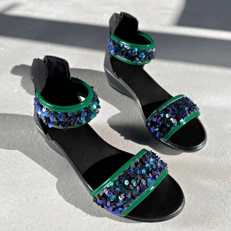 Sandalias de Tacón de Cuña con Brillo Suela Suave Antideslizantes