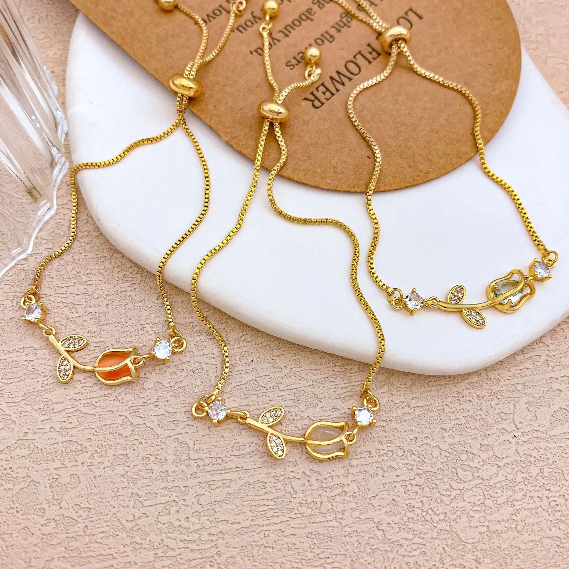 Pulseras con dijes de flor de tulipán y piedra lunar de circón colorido dulce para mujer y niña, joyería de cadena de caja de acero inoxidable ajustable elegante