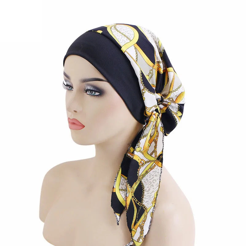 Nuevo pañuelo para la cabeza con estampado satinado para mujer, turbante musulmán elástico preatado, gorro para dormir para quimioterapia, cubierta para la pérdida de cabello, pañuelo para la cabeza