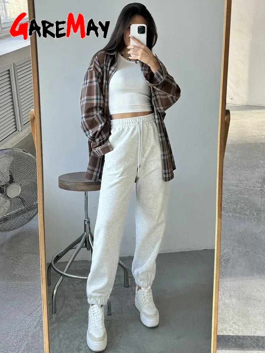 Pantalón Chándal 80% Algodón | Oversize Elástico | Cintura Alta Vintage | Gris y Blanco | Ticotrendy