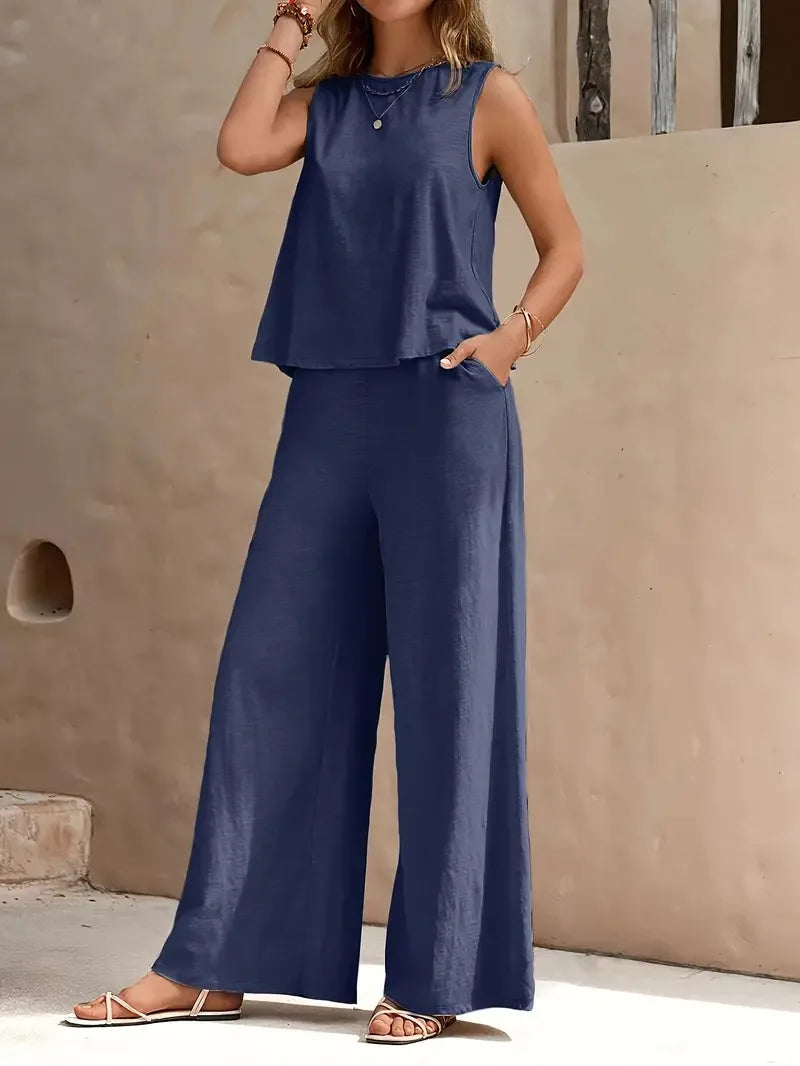 Ticotrendy: Conjunto Elegante de Pantalón y Top Sin Mangas | Color Sólido Verano 2025