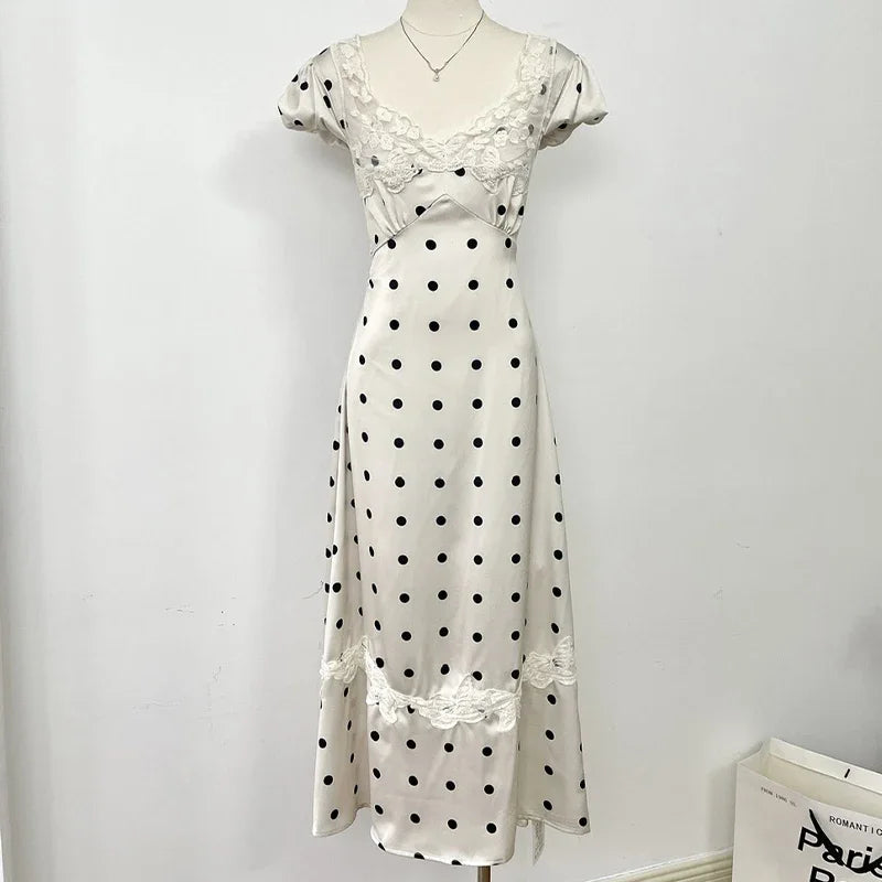 Vestido Maxi Lunares Encaje Espalda Descubierta | Estilo Francés Dulce Primavera Verano