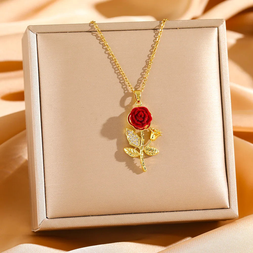 Cadena de acero inoxidable, collares con colgante de flor de rosa roja Vintage para mujeres y niñas, accesorios de joyería elegantes Y2k, regalos para amantes