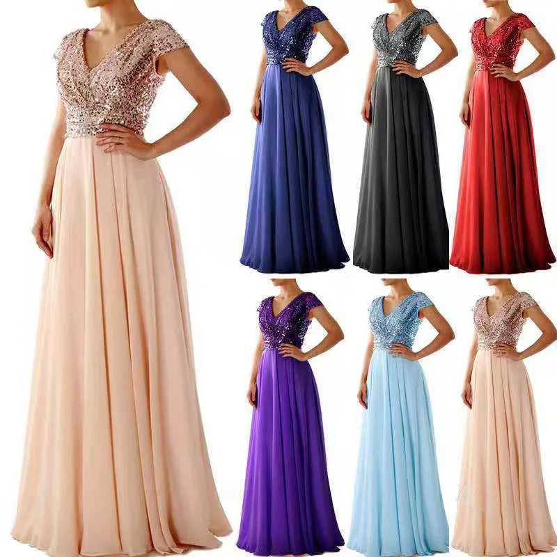 Vestido elegante de gasa con lentejuelas para mujer, cuello en V, dobladillo plisado, lentejuelas femeninas, vestido largo de cóctel para graduación, vestido de noche de boda