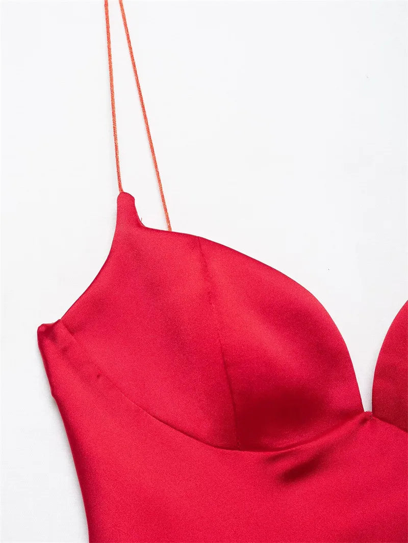 Vestido Rojo Satinado | Cuello en V y Cremallera Trasera | Tropical 2025