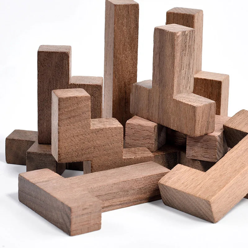 Rompecabezas de bloques rusos de nogal, rompecabezas de madera 3D Tangram IQ, entrenamiento lógico, rompecabezas, juguetes educativos Montessori, juegos de aprendizaje