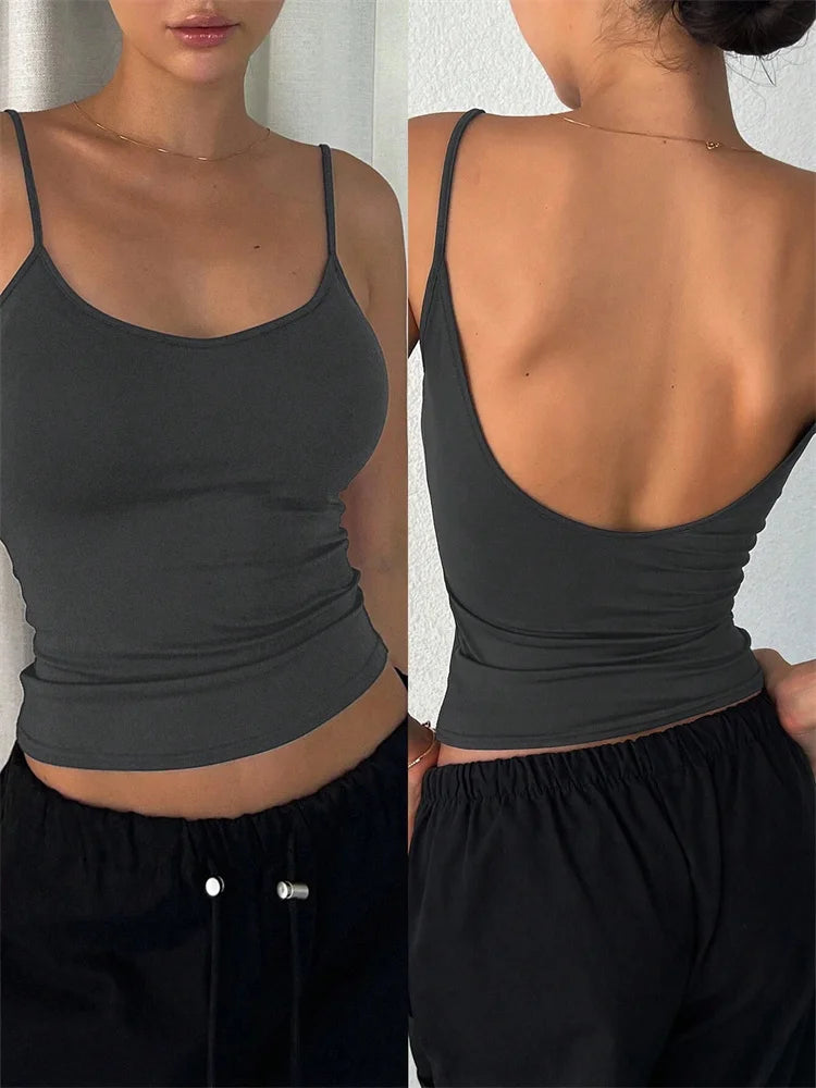 Top corto sin espalda para mujer, Top informal sin mangas de Color sólido, ropa de calle Y2K