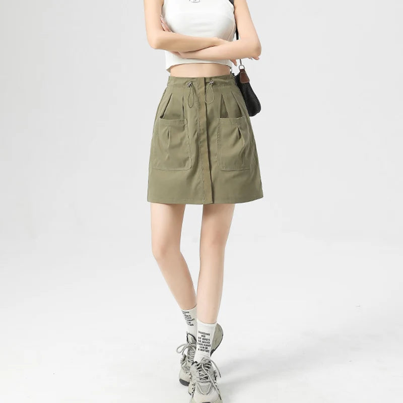 Falda Cargo Con Bolsillos Y Cordón Estilo Retro Americano