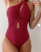 Traje de Baño Una Pieza | Un Hombro Sin Mangas | Diseño Ahuecado | Color Sólido