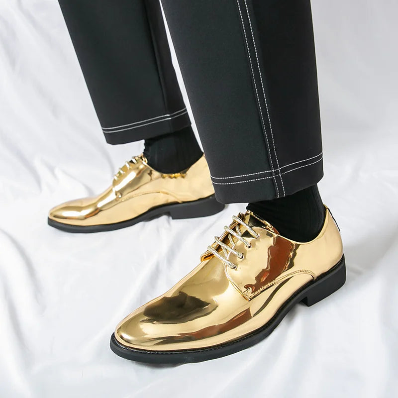 Zapatos Hombre Charol Plateados Lujo Boda Fiesta Punta Puntiaguda | Talla Grande