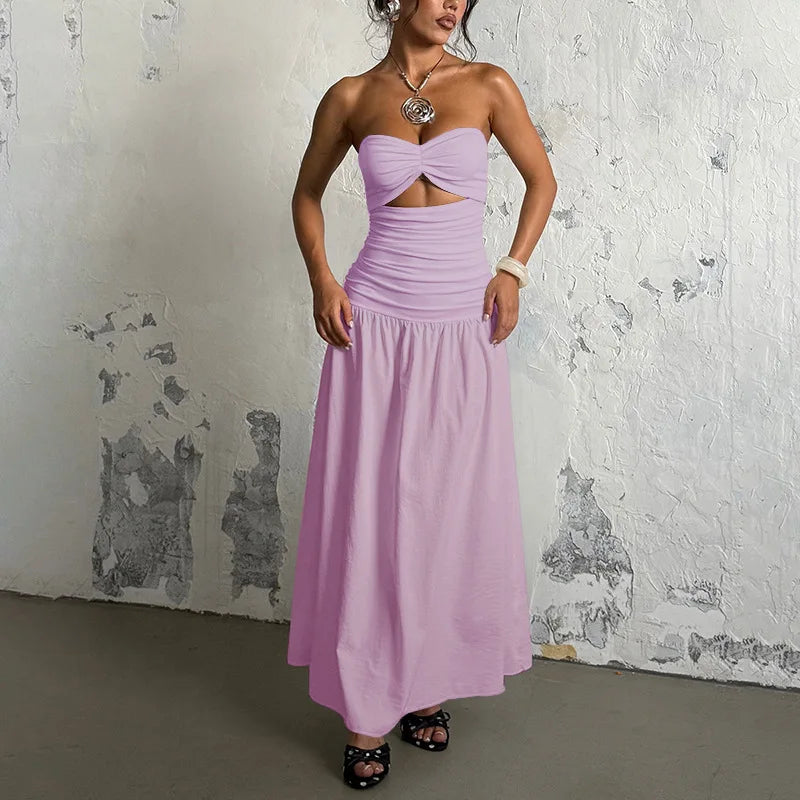 Vestido Plisado Sin Tirantes Hombros Descubiertos
