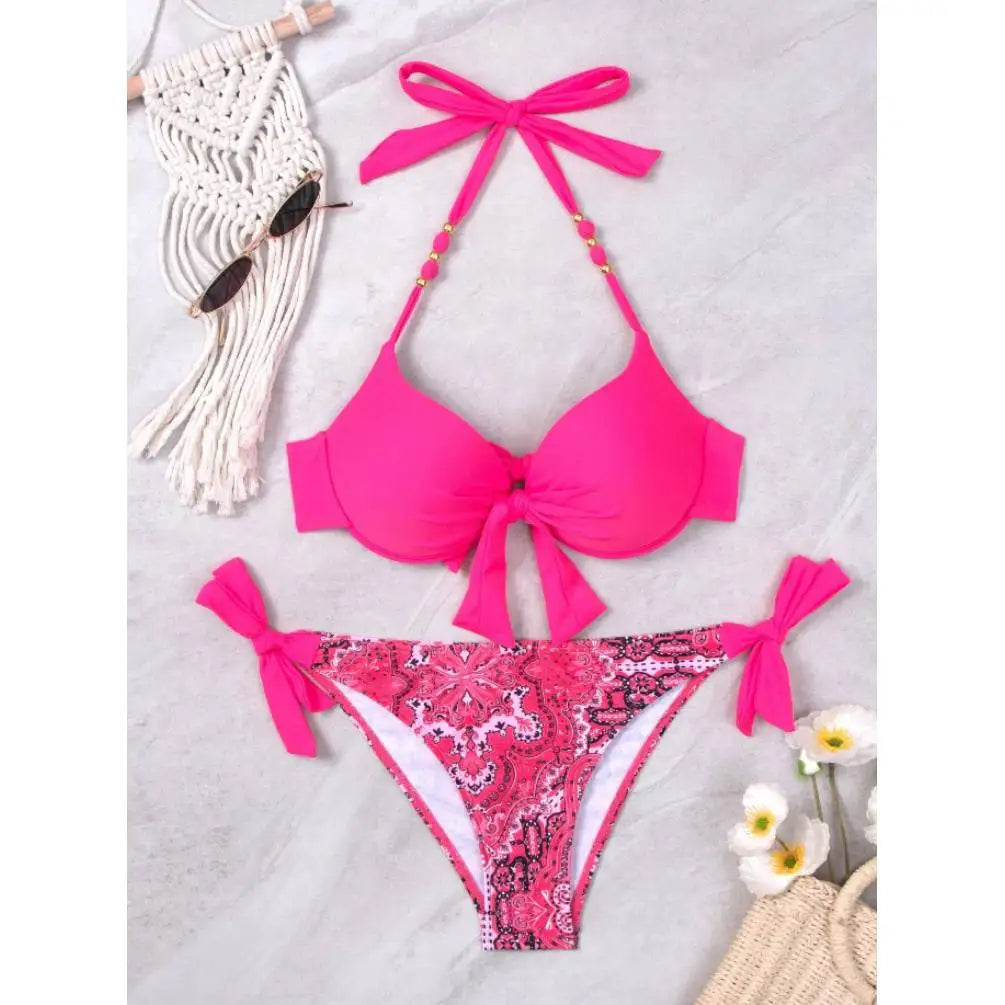 Bikini de Neón con Lazo Lateral y Estampado de Cachemira Push Up