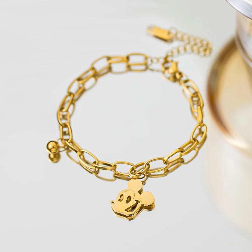 Pulseras con dijes de Mickey de acero inoxidable de Color dorado para mujeres y niñas, accesorios de mano bonitos de dibujos animados, regalos de joyería para amigos