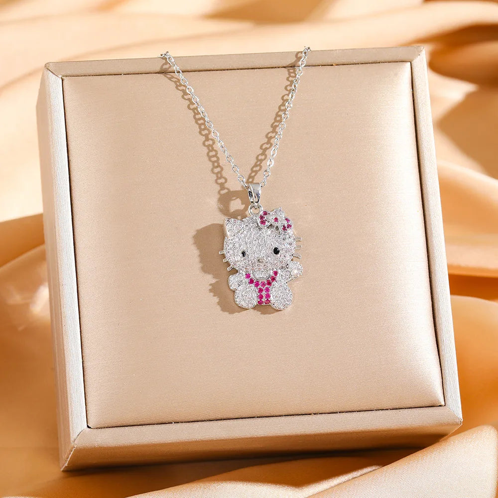 Collares con colgante de Hello Kitty de circonita brillante de lujo para mujeres y niñas, cadena creativa de acero inoxidable Sanrio, regalos de joyería
