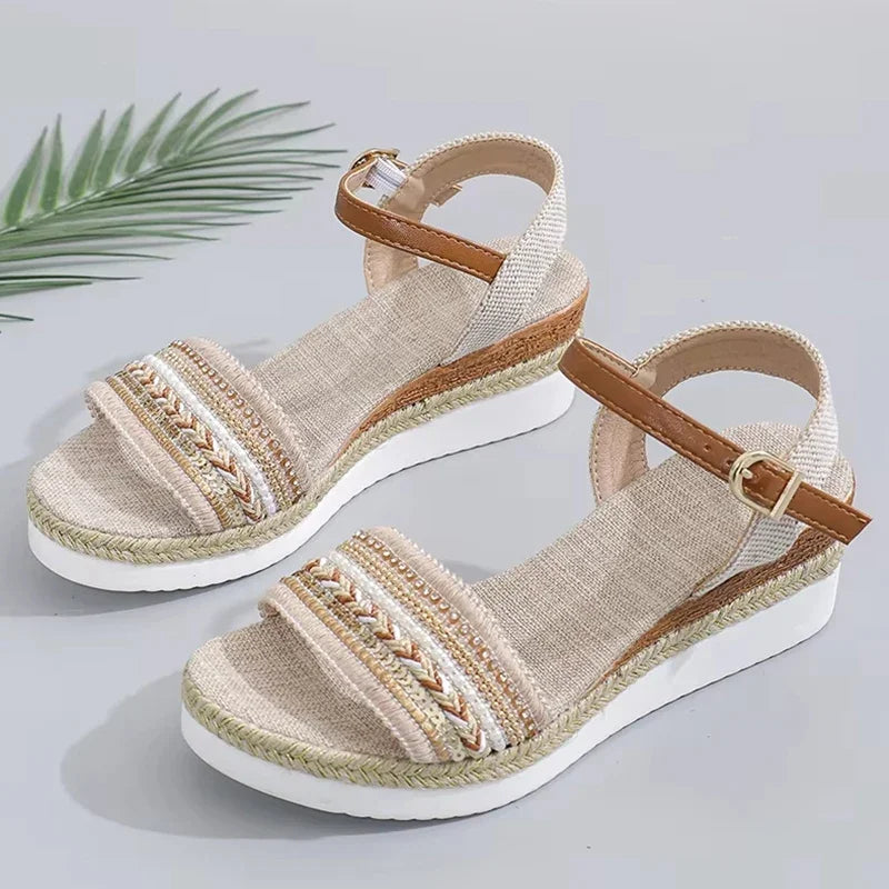 Sandalias Plataforma Cuña Vintage Flecos Cáñamo | Calzado Casual Estilo Moderno