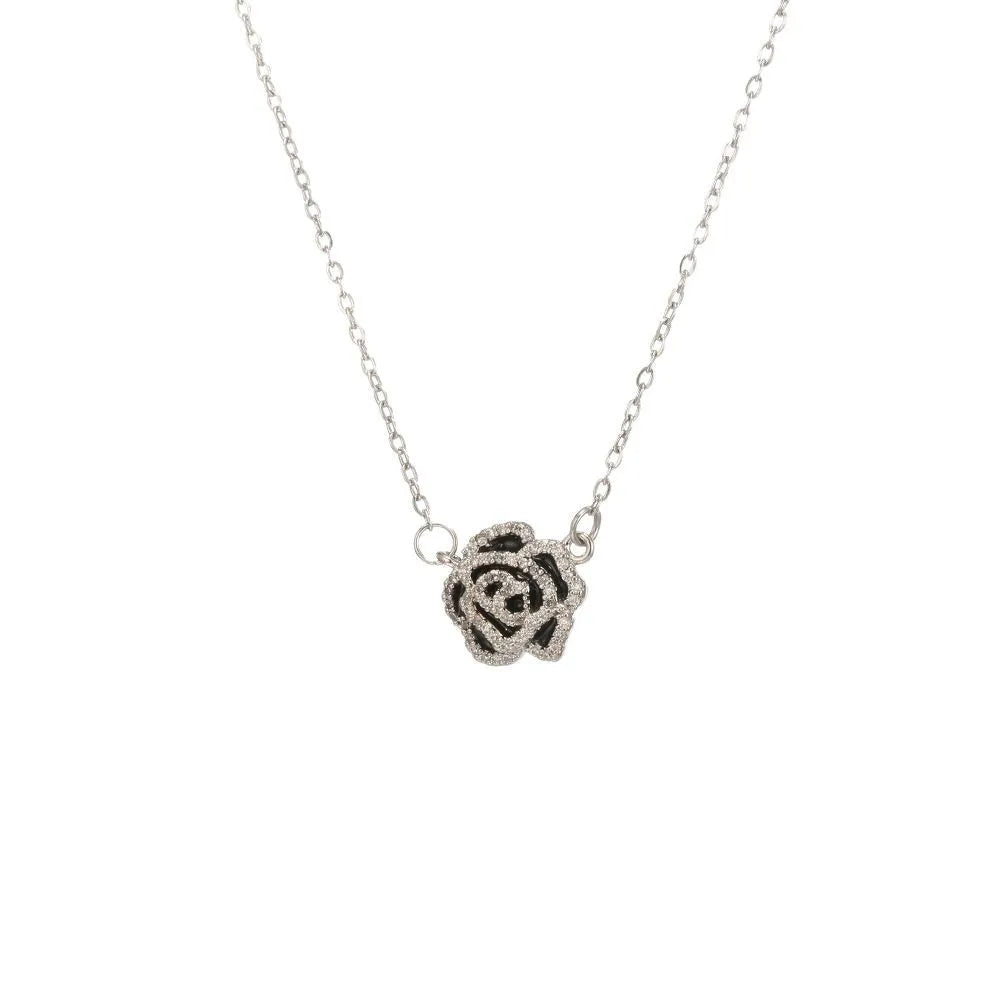 Cadena de acero inoxidable Vintage flor de Camelia negra con colgante de circón collares para mujeres niñas elegante gargantilla dulce joyería