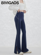 Pantalón Acampanado Curva Raya | Micro Flare Tobillo Dividido | Piel Tiburón Cintura Alta Sexy